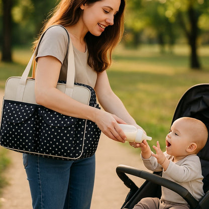 Sac de maternité Pois utilisé par une maman qui tend un biberon à bébé dans la poussette