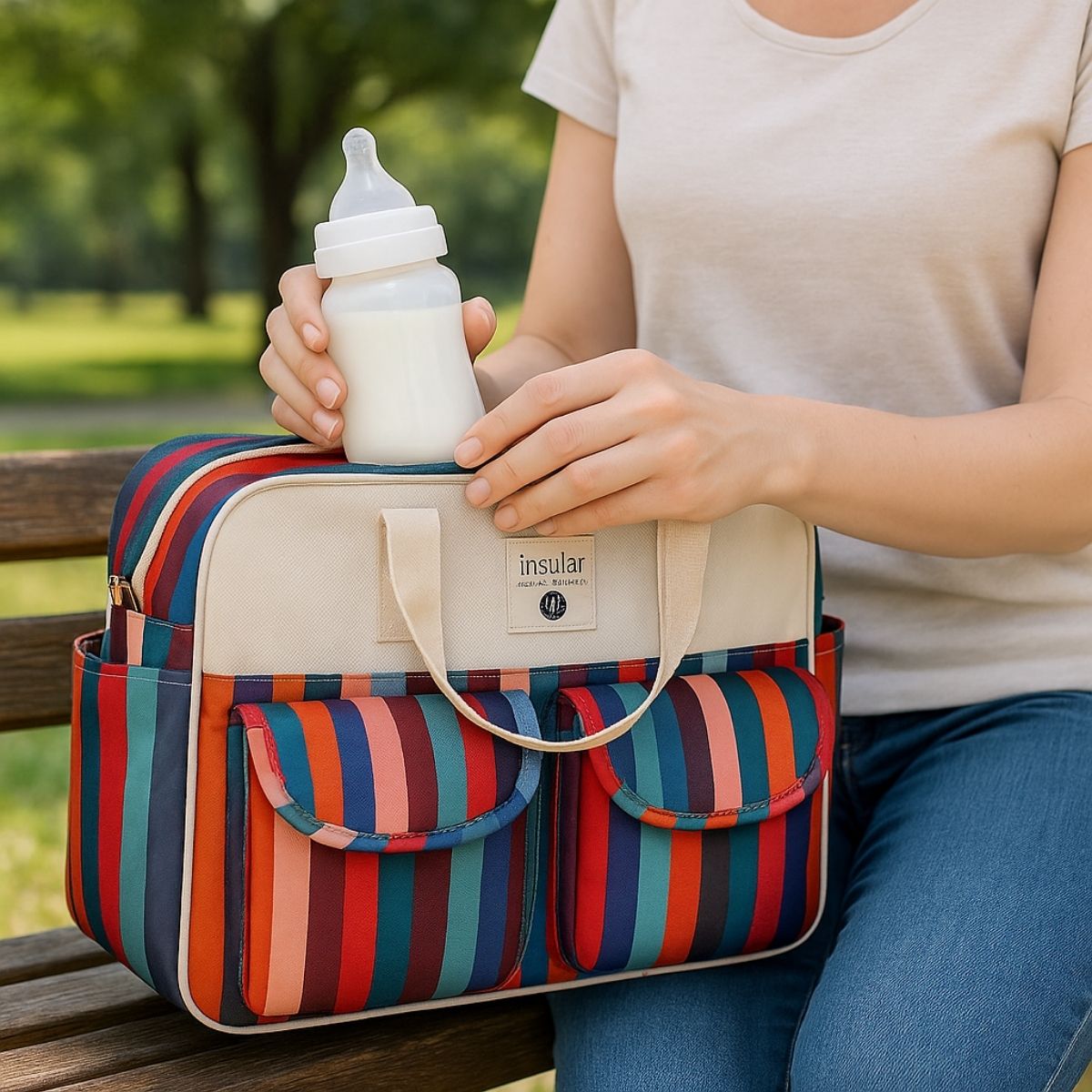 Sac de maternité Rayures Colorées posé sur un banc, une maman tient un biberon prêt à l’emploi