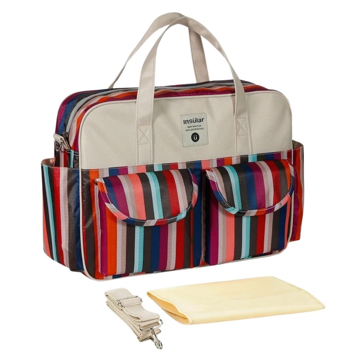 Sac de maternité Rayures Colorées multicolores, présenté avec ses accessoires assortis