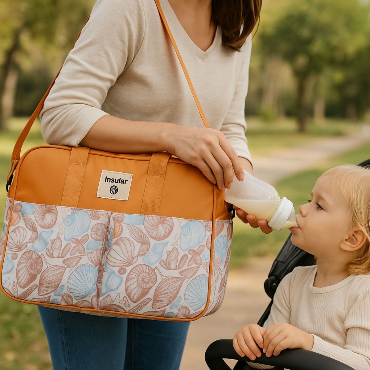 Sac de maternité coquillage porté en bandoulière par une maman donnant le biberon