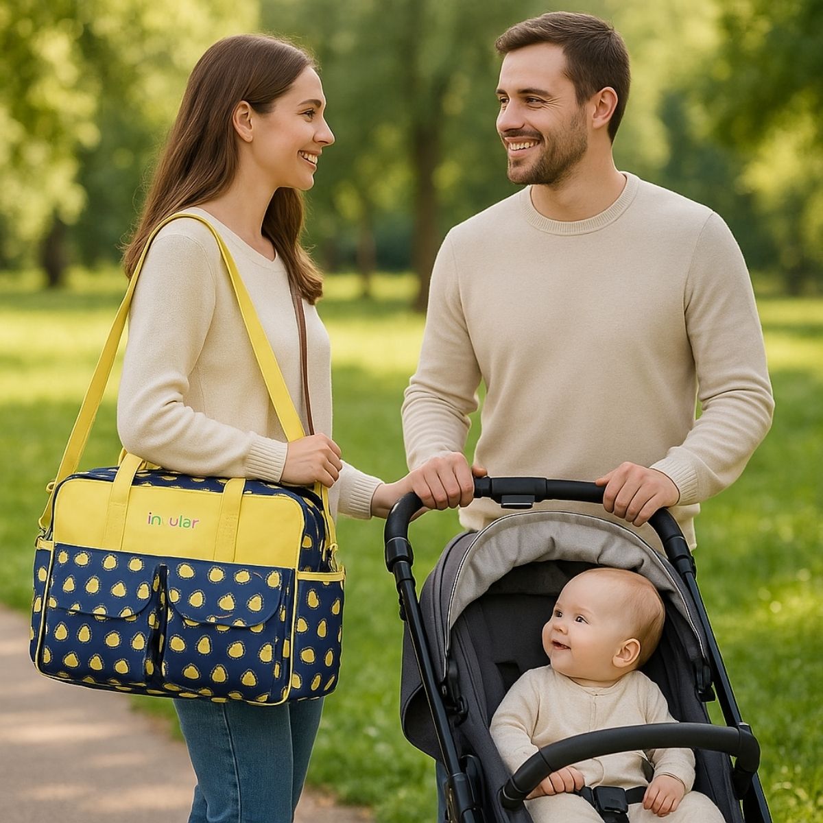Sac de maternité motif poulet mignon jaune et bleu avec poches et sangle jaune