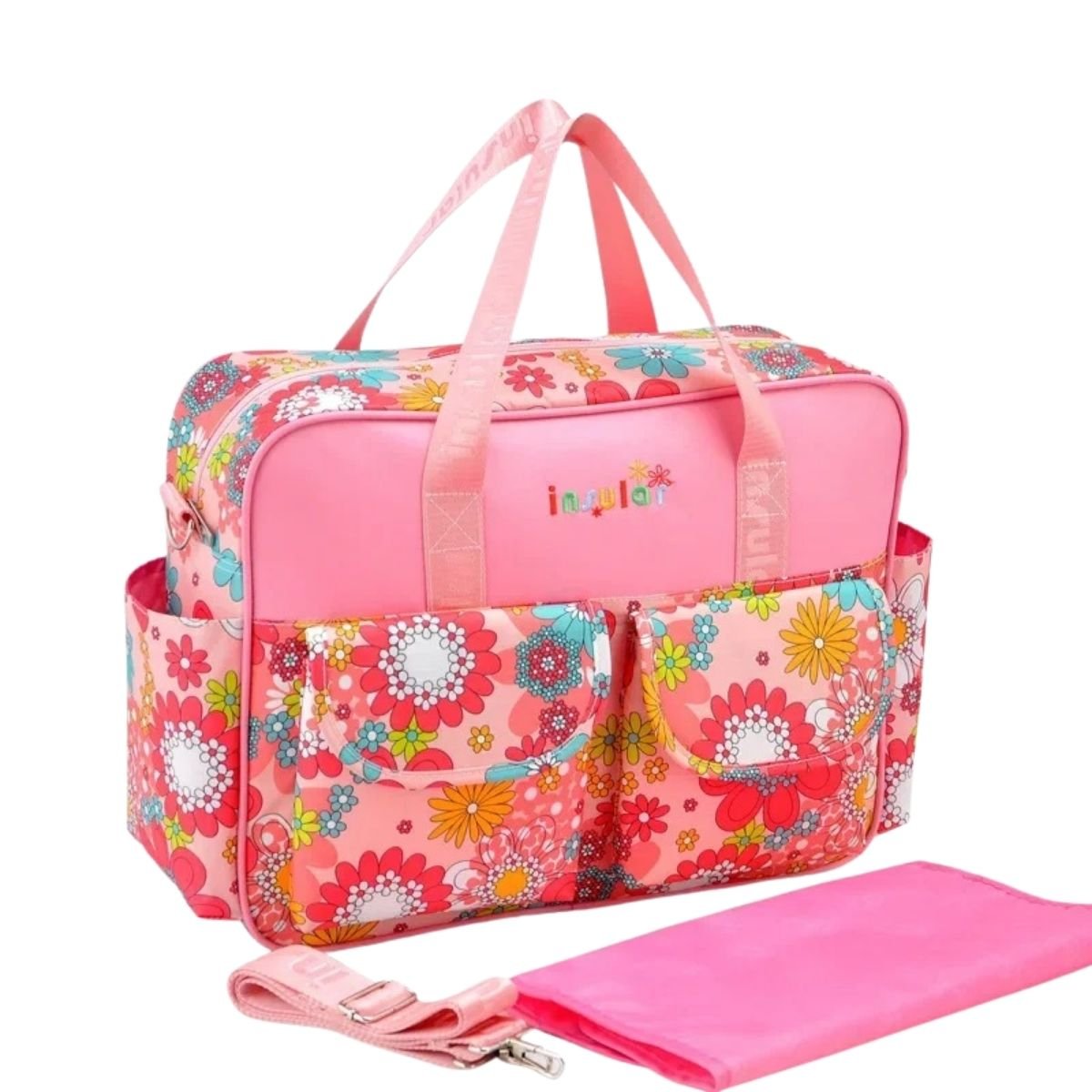 Sac de maternité motif dame rose fleuri avec sangles roses et tapis assorti