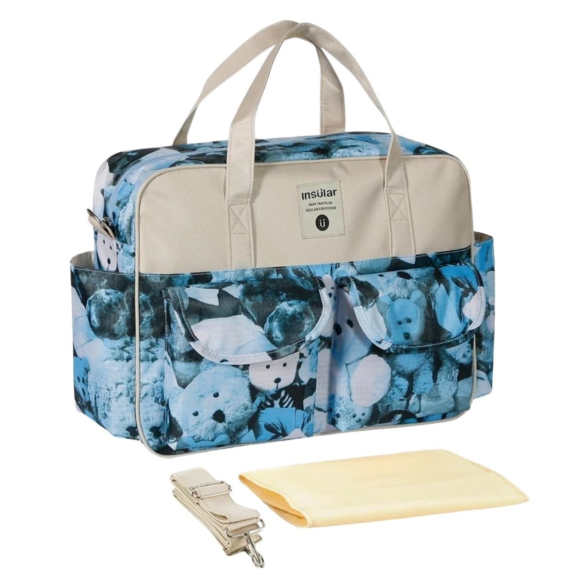 Sac de maternité motif ours bleu avec poches multiples et tapis de change plié