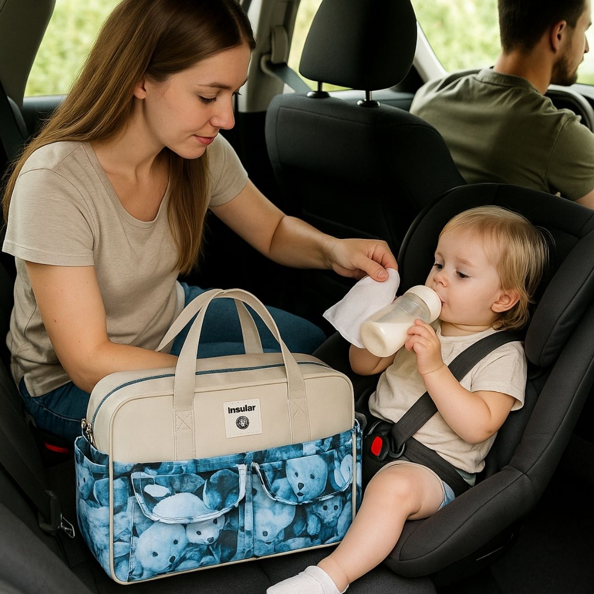 Sac de maternité ours utilisé par une maman avec bébé en voiture lors d’un trajet