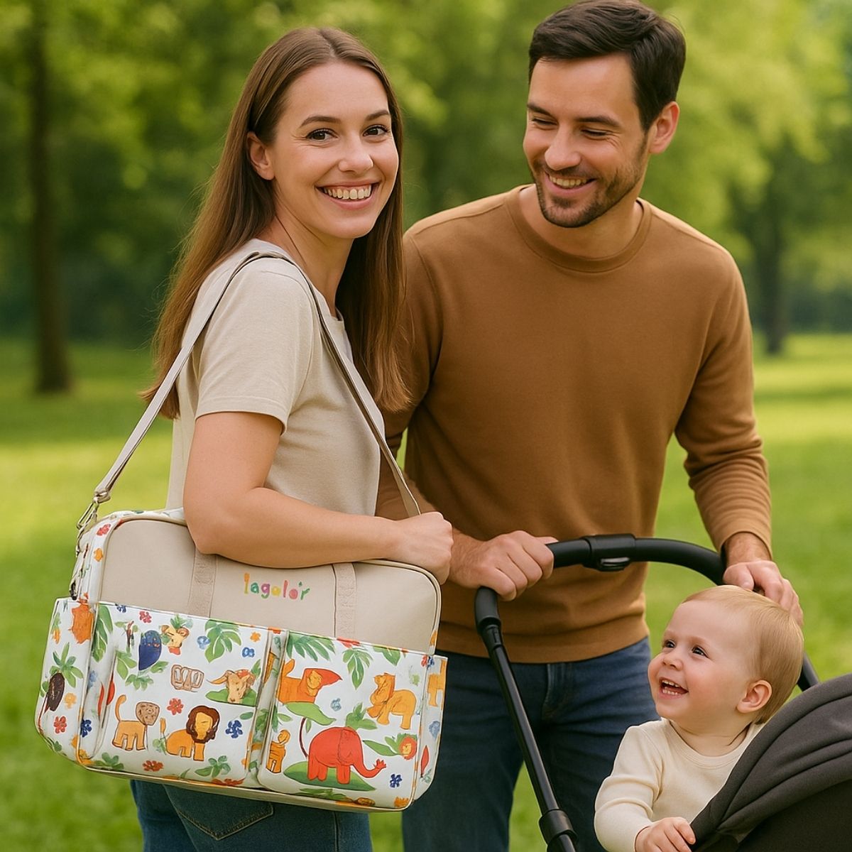 Sac de maternité style animalier porté en bandoulière par une maman en promenade