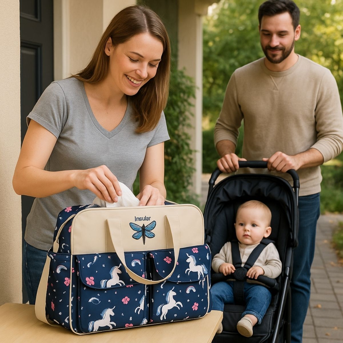 Sac de maternité Licorne bleu marine utilisé en sortie