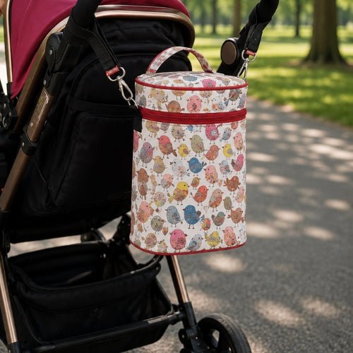 Sac isotherme multifonction pour biberons blanc imprimé fixé à une poussette