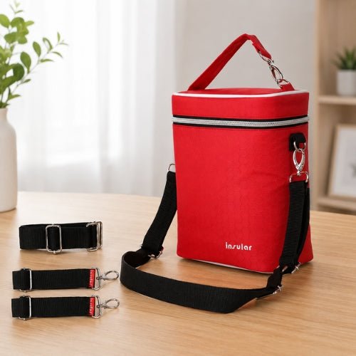 Sac isotherme multifonction pour biberons rouge avec poignée intégrée et bandoulière amovible