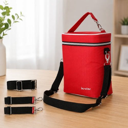 Sac isotherme multifonction pour biberons rouge avec poignée intégrée et bandoulière amovible