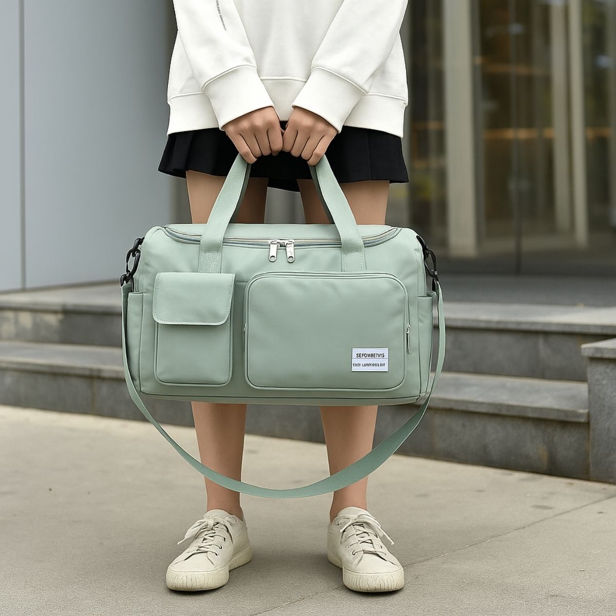 Sac maternité vert clair porté à la main, vue extérieure