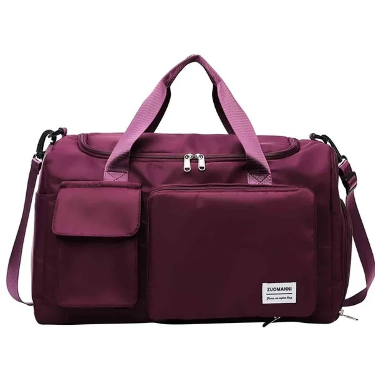 Sac maternité violet foncé avec poches frontales, vue de face