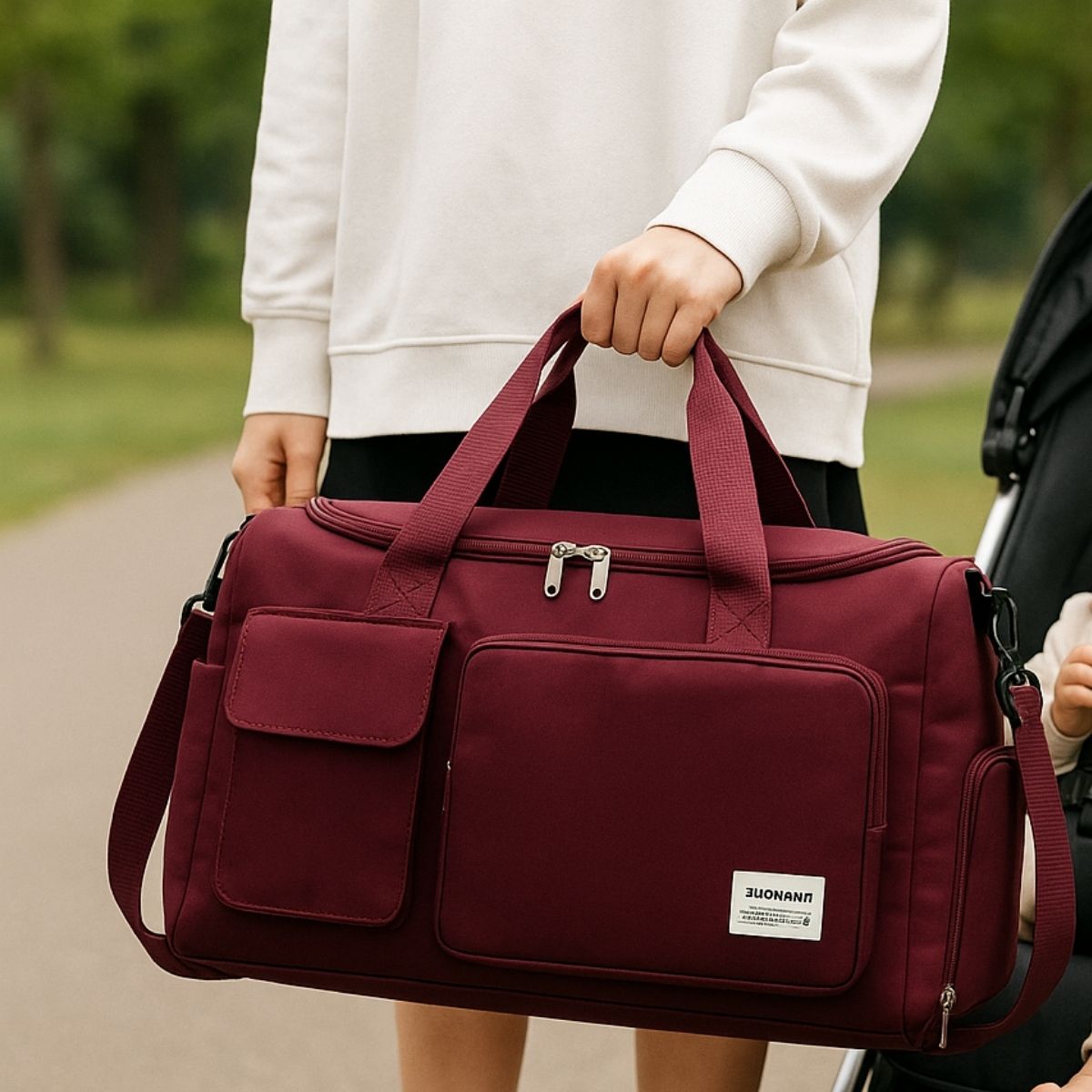 Sac maternité violet foncé porté à la main en extérieur