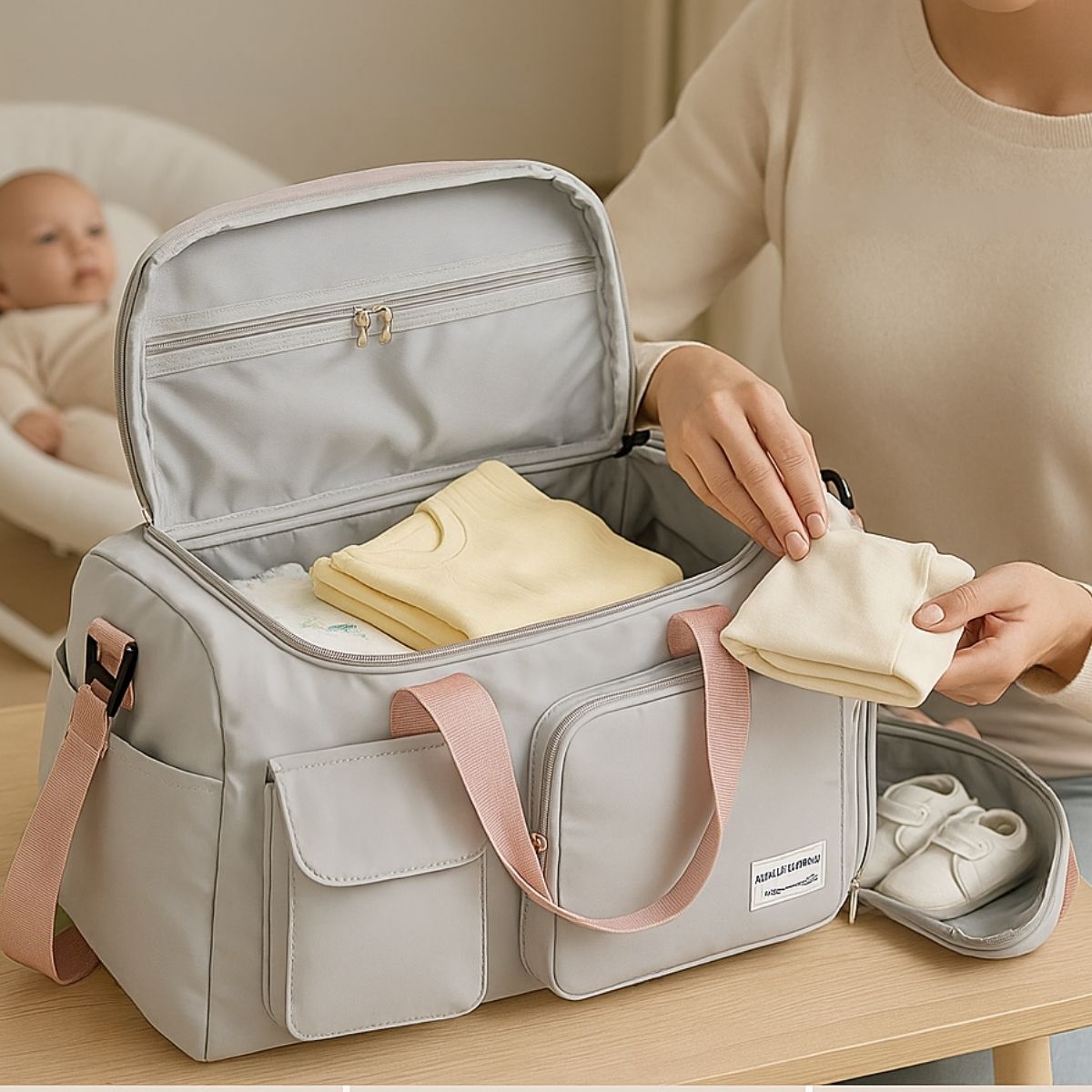 Intérieur d’un sac maternité rose grisé ouvert avec vêtements rangés