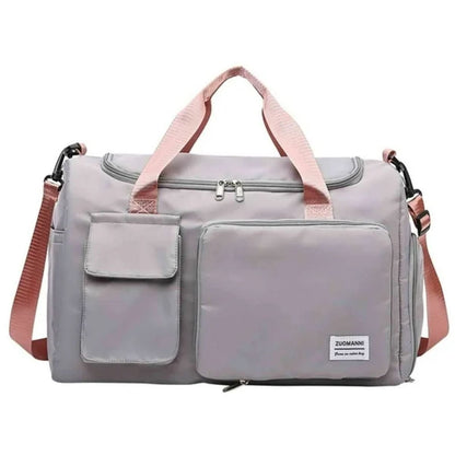 Sac maternité rose grisé avec anses roses et poches multiples