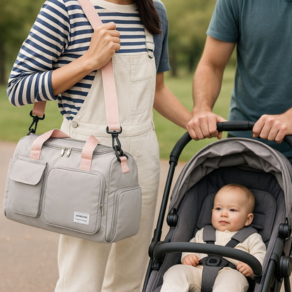 Sac maternité rose grisé porté en bandoulière par une femme à côté d’une poussette avec bébé