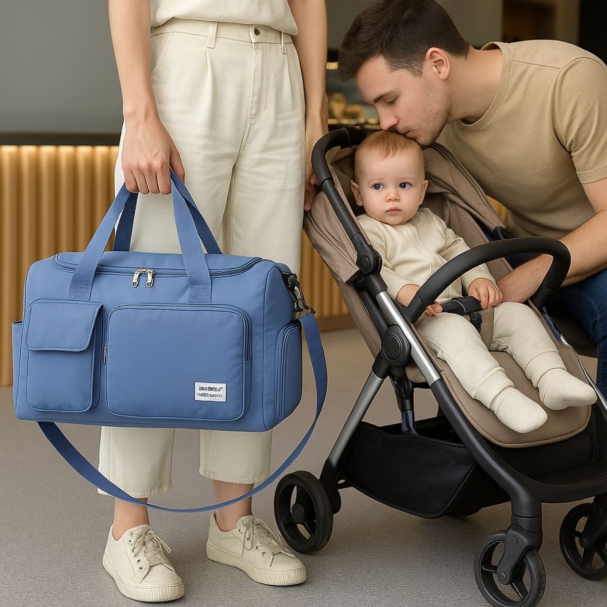 Sac maternité bleu porté à la main près d’une poussette avec bébé et papa attentif