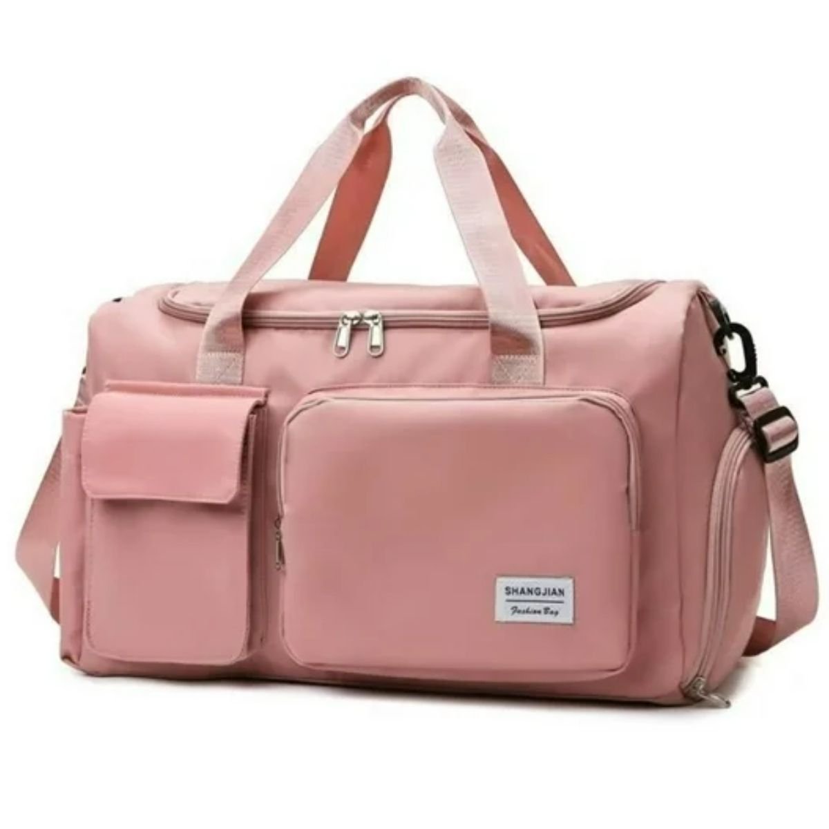 Sac maternité rose avec poches avant et bandoulière réglable