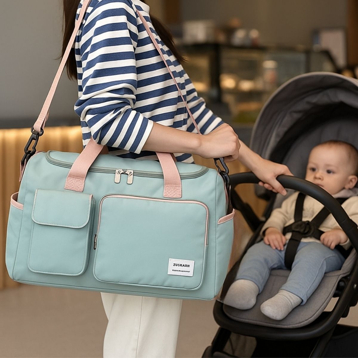 Intérieur d’un sac maternité rose vert avec objets rangés et chaussures