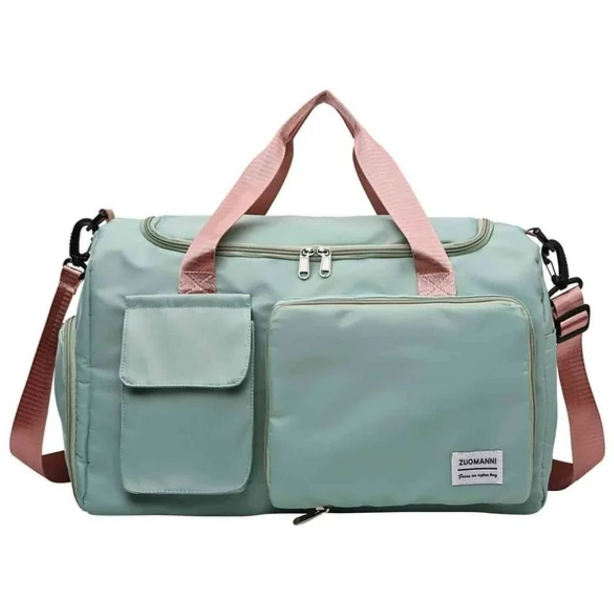 Sac maternité rose vert avec poches avant et anses contrastées