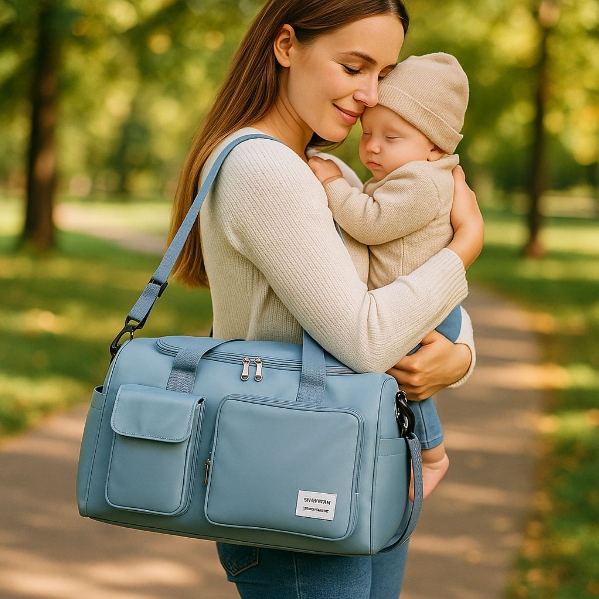 Maman portant bébé et sac maternité bleu ciel en extérieur