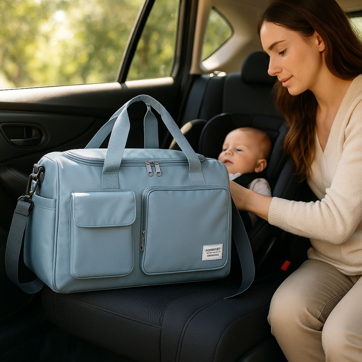 Sac maternité bleu ciel posé sur un siège de voiture avec bébé à l’arrière