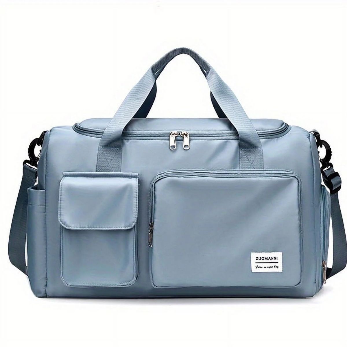 Sac maternité bleu ciel avec grandes poches avant et bandoulière