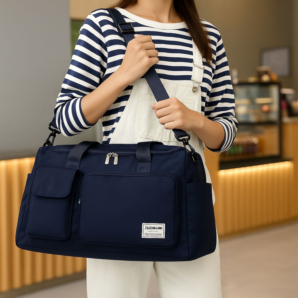 Vue rapprochée d’un sac maternité bleu profond porté en bandoulière