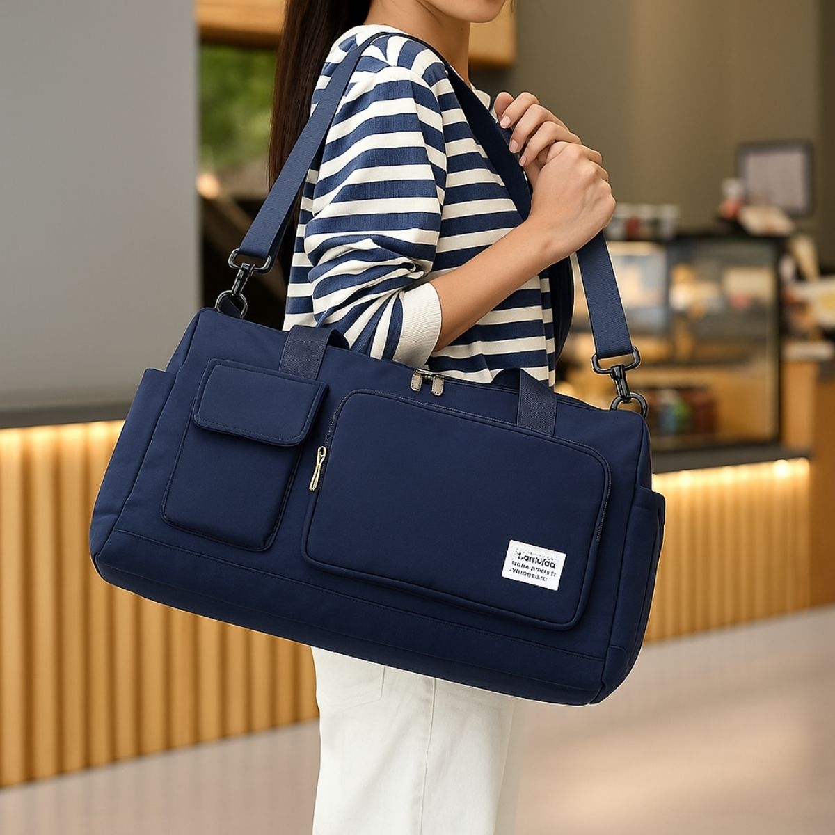 Femme portant un sac maternité bleu profond sur l’épaule en intérieur