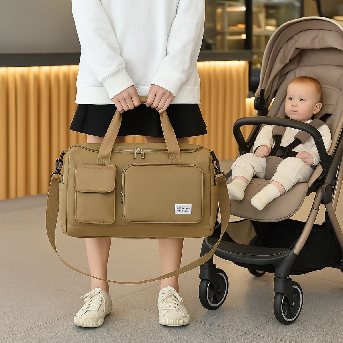 Sac maternité kaki porté à la main par une femme devant une poussette