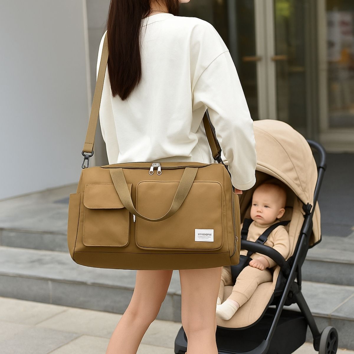 Vue arrière d’une femme portant un sac maternité kaki en bandoulière