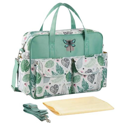 sac pour bebe tropical vert avec poignée renforcée, tapis de change et sangle posés à côté