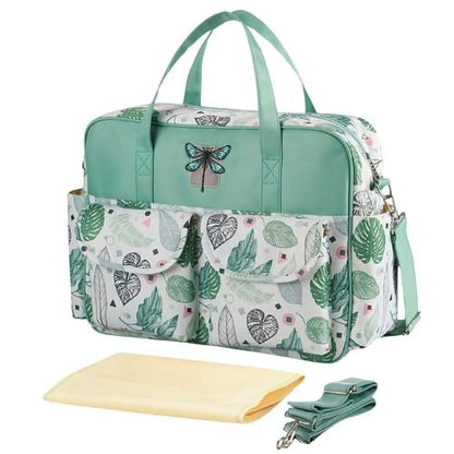  sac pour bebe tropical vert avec double poche frontale et accessoires assortis visibles