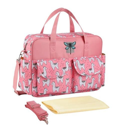 Sac pour bebe rose motif lama blanc et noir, avec tapis à langer beige et bandoulière assortie