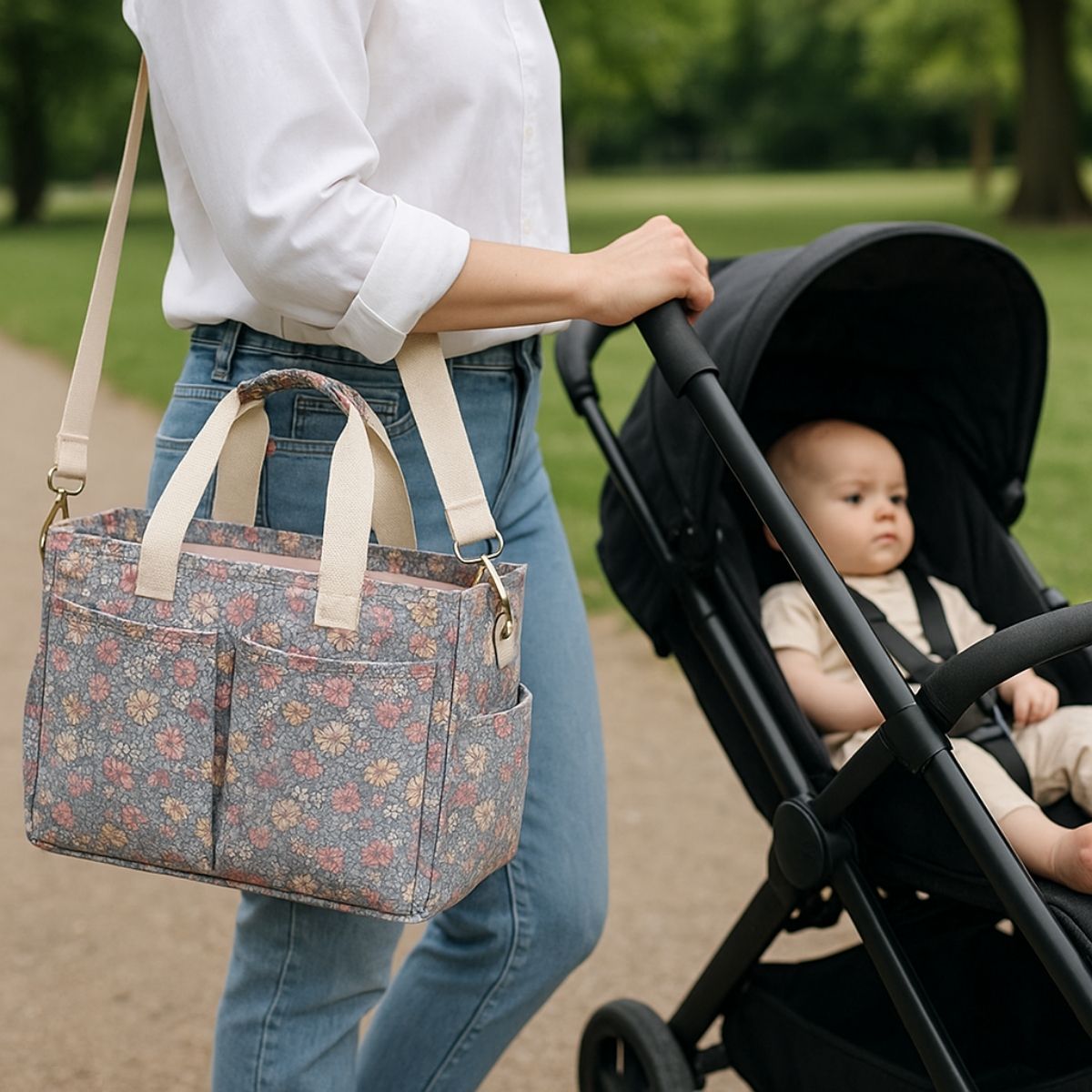 Sac pour bebe porté à l’épaule par un parent lors d’une sortie avec poussette