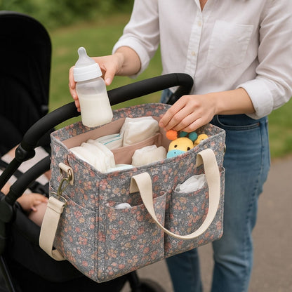 Sac pour bebe ouvert montrant couches, biberon et jouets rangés dans les compartiments