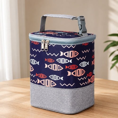 Sac pour biberons avec sangle à boucle motif poissons, double zip et base grise