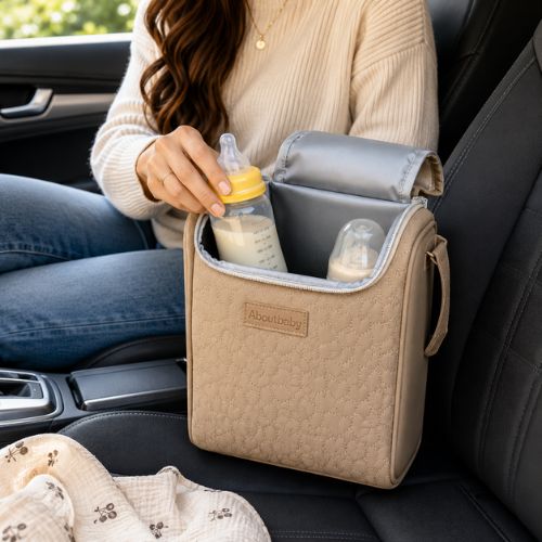 Sac pour deux biberons marron ouvert avec deux biberons, utilisé lors d’un trajet en voiture