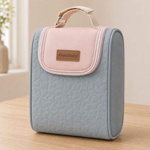 Sac pour deux biberons rose et gris avec bandes élastiques de maintien et poignée intégrée, vue de face