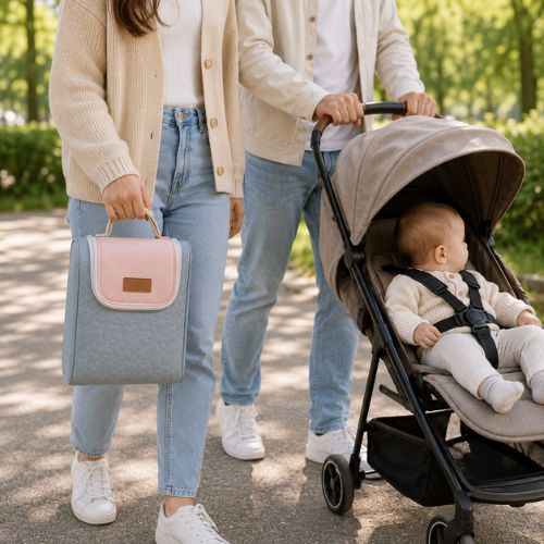 Sac pour deux biberons rose et gris avec poignée intégrée, transporté pendant une sortie avec poussette