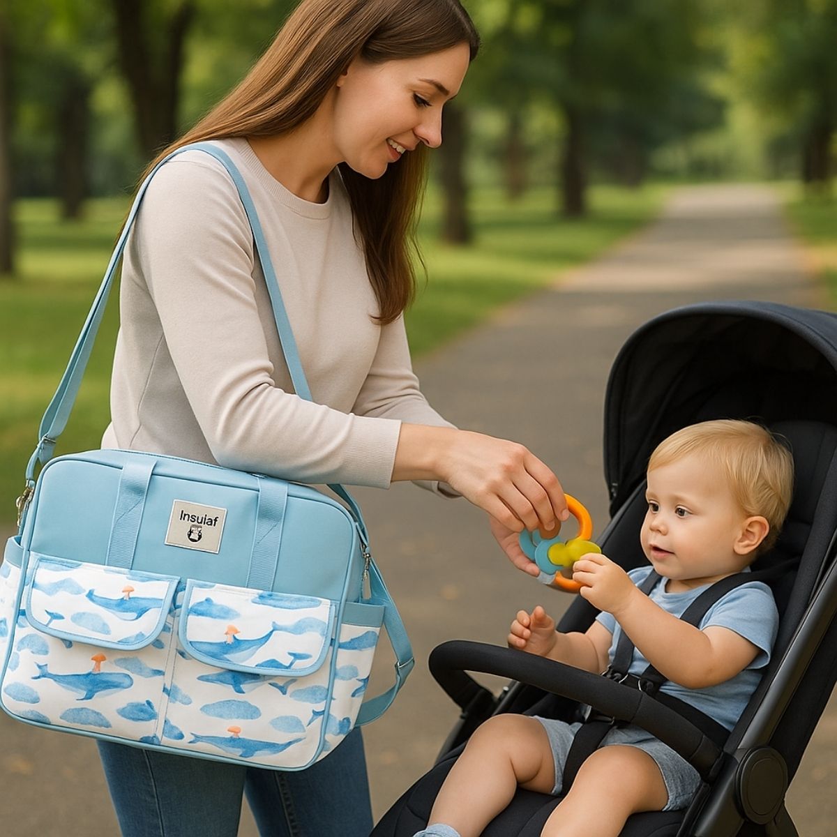 Sac pour la maternité baleine bleue porté par une maman donnant un jouet à son bébé en poussette