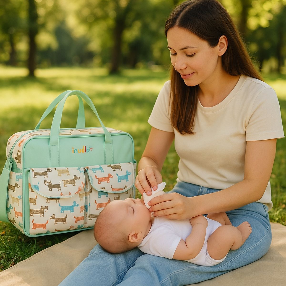 Sac pour la maternité renard adorable posé à côté d’une maman donnant le biberon à son bébé