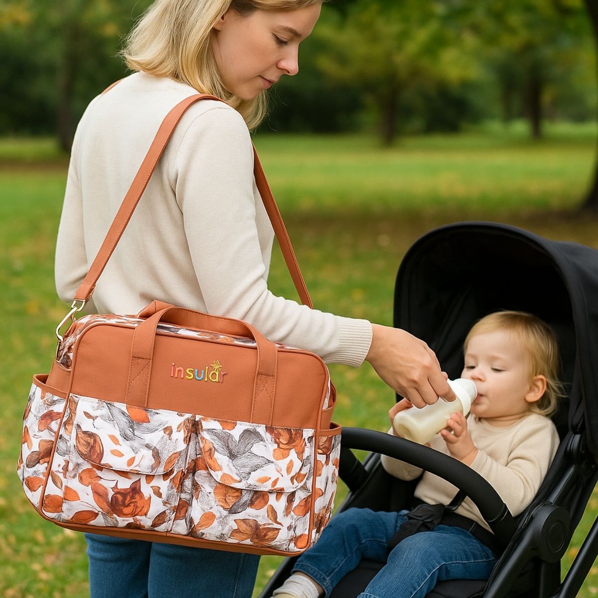 Sac pour la maternité rose rouge porté par une maman nourrissant son enfant en poussette