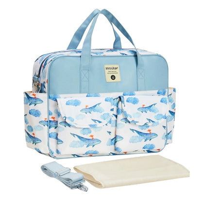 Sac pour la maternité baleine bleue avec bandoulière et tapis de change