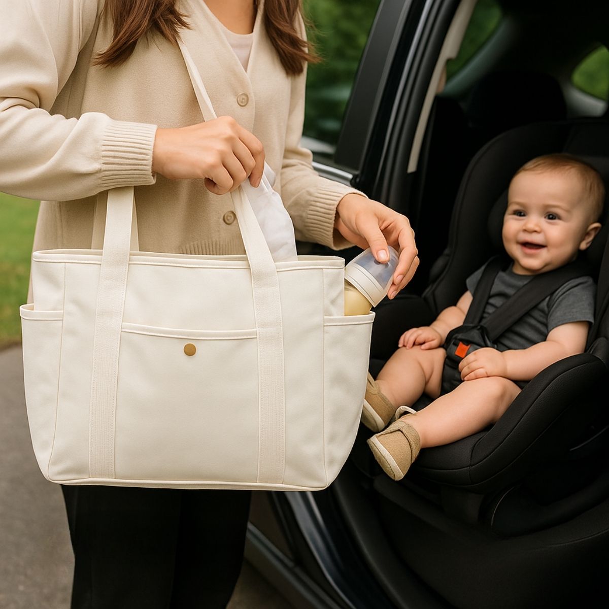 Sac pour la maternité beige utilisé en voiture, maman sort un biberon près d’un bébé installé en siège auto