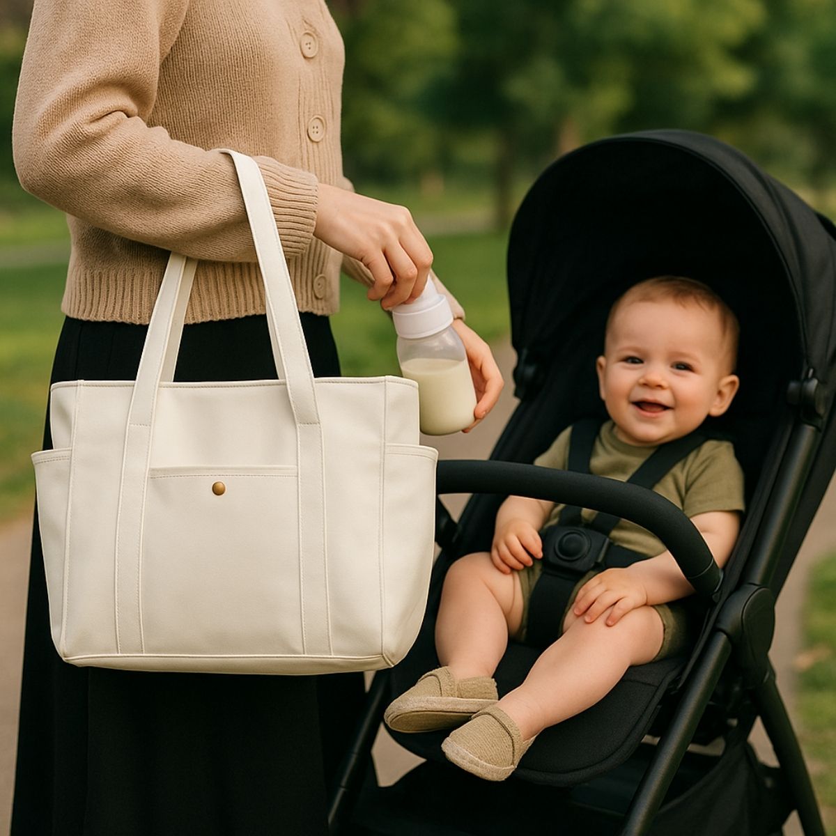 Sac pour la maternité beige porté au parc, maman donne le biberon à bébé assis dans la poussette