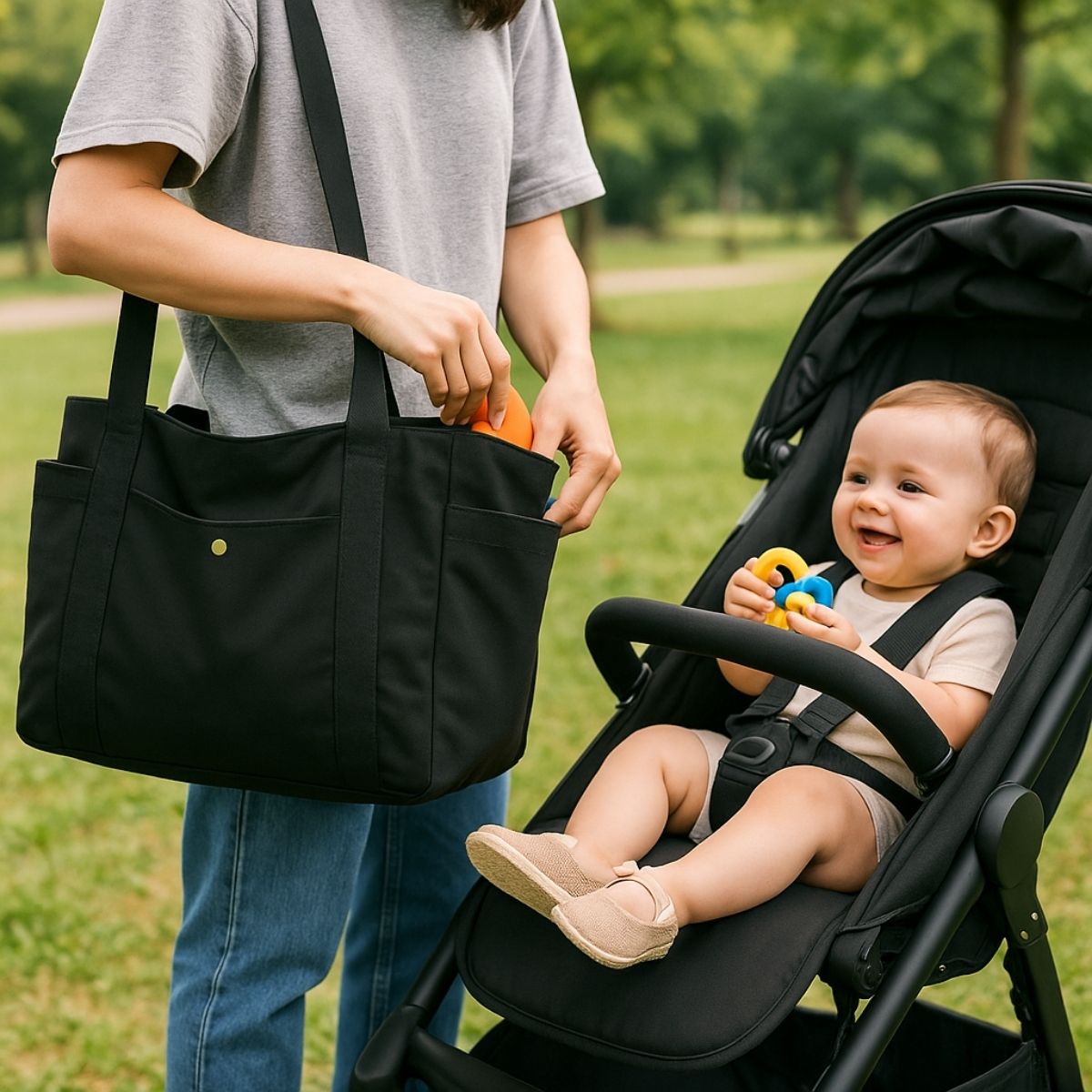 Sac pour la maternité noir tenu au parc, maman sort un jouet pour bébé assis dans une poussette