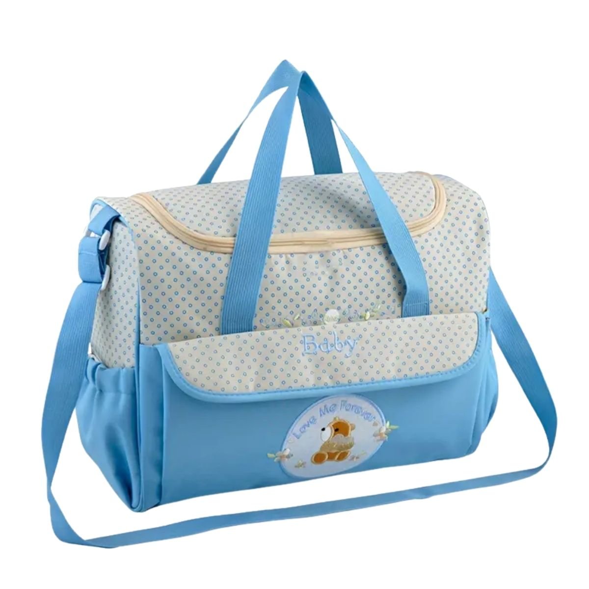 Sac pour la maternité bleu avec motif ourson brodé, posé de face