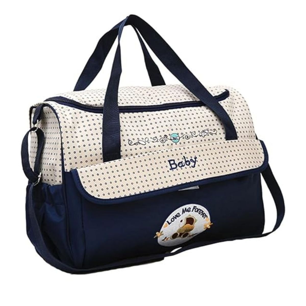 Sac pour la maternité bleu marine avec motif ourson, posé de face