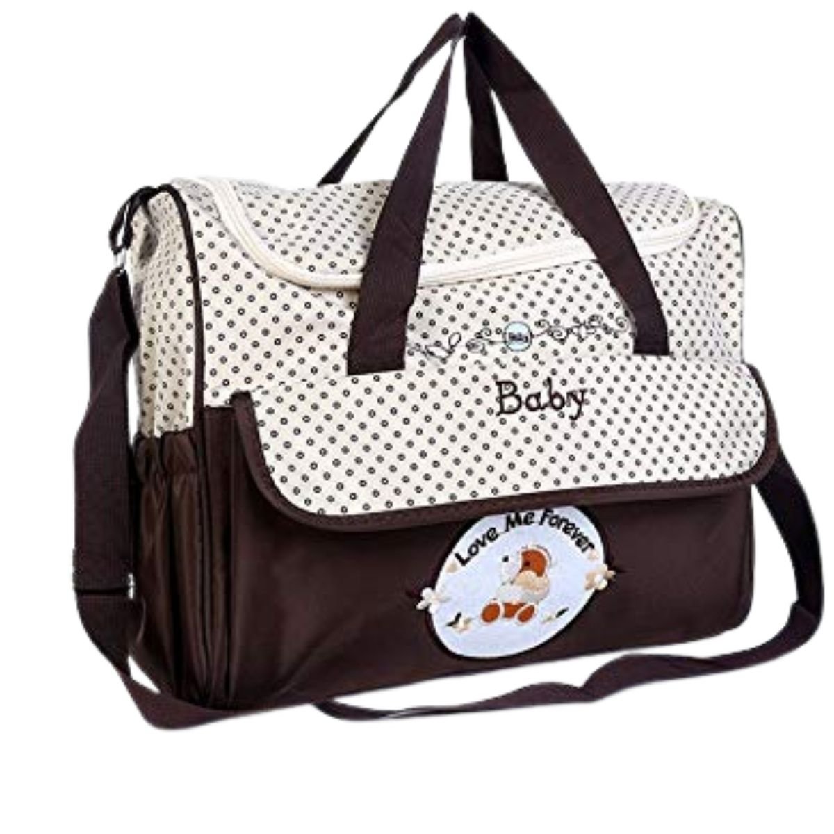 Sac pour la maternité marron avec motif ourson brodé, vue de face posé au sol