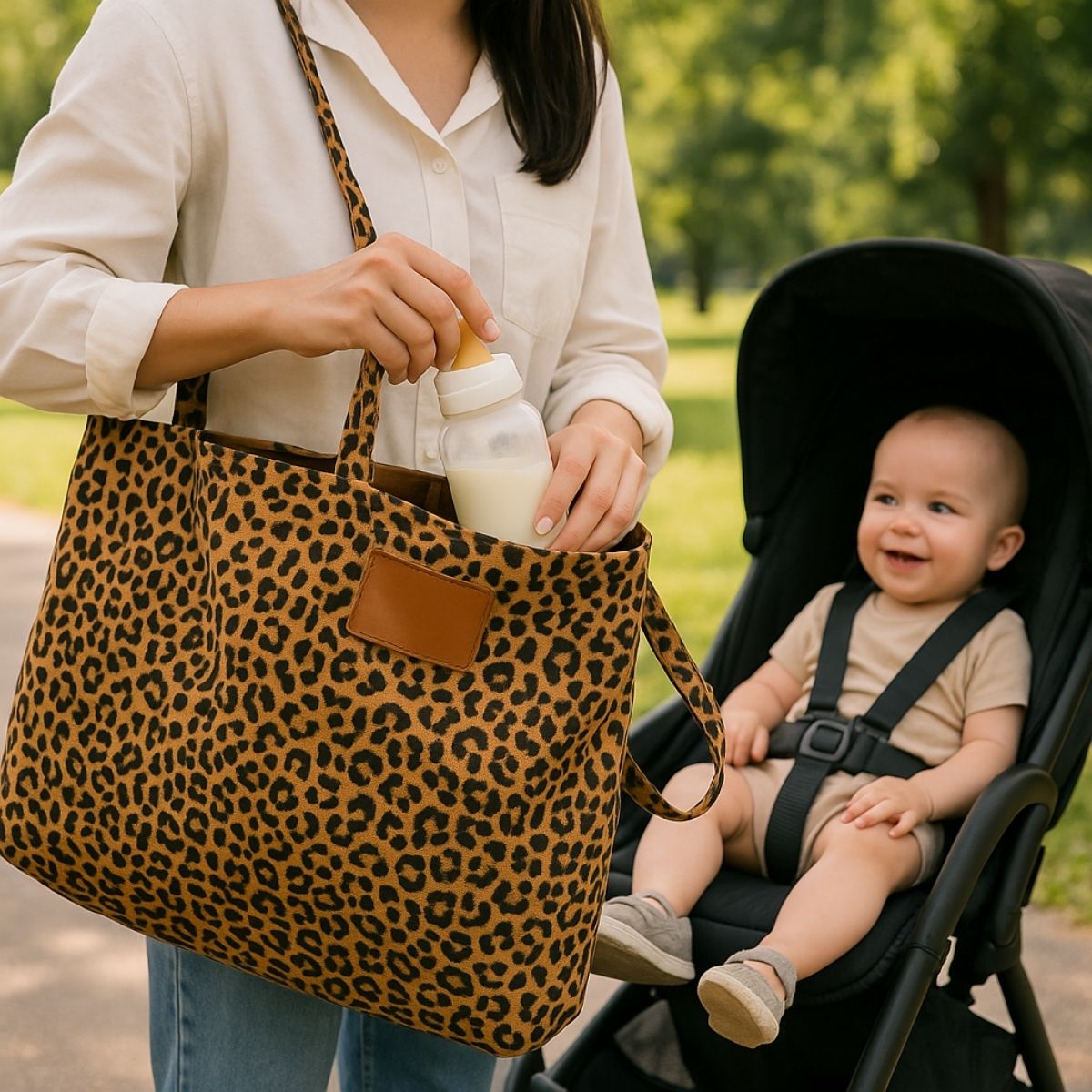 Sac pour la maternité léopard brun avec biberon rangé, poussette en arrière-plan
